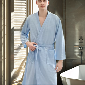Women's & Men's Elastic Waist Solid Front Waffle Bathrobes-Breathable Quick-Drying Water-Absorbent Summer Robes - Product Image 2