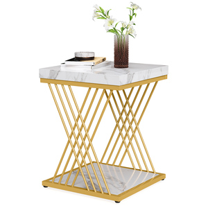 Contemporary Modern Accent Living Room Faux Marble White Small Coffee Square Sofa <strong>Side</strong> <strong>Table</strong> Set 2 Shelves <strong>Storage</strong> - Product Image 6