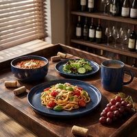 Service de table 16 pièces en grès bleu réactif, style moderne haut de gamme, compatible micro-ondes