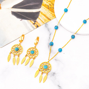 Mode indienne creuse SUOWER collier or pur et acier inoxydable feuille gland boucles d'oreilles ensemble Turquoise bijoux chaîne - Product Image 1