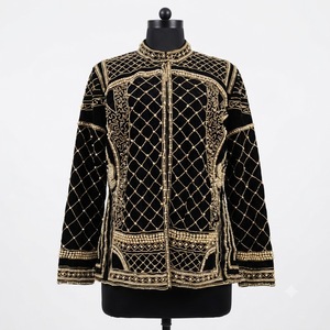 Exclusive <b>Black</b> Velvet Beaded <b>Jacket</b> Embroidery Pearls for Women Hand Applied Golden Embellishment Premium Luxury Cotton - Product Image 3