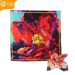 Factory High-end Woman Italian Silk Scarves High Quality Oil Painting Peony Image Square Scarf Custom Logo 100%Silk Woman Scarf