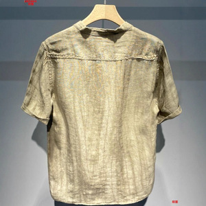 Kemeja Linen Katun Pria Kasual Kerah Mandarin Lengan Pendek Atasan Musim Panas Kemeja Pantai Ringan Bernapas Ukuran Besar 5XL - Product Image 3