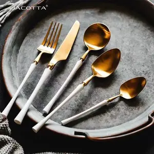 Gold stainless steel coffee spoon green handle silverware set soup spoon gold cutlery set stainless steel flatware sets