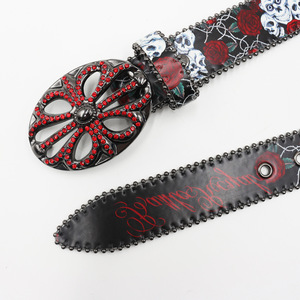 <span class=keywords><strong>Ceinture</strong></span> en <span class=keywords><strong>cuir</strong></span> PU style bohème occidental pour femme, avec strass, imprimé graffiti coloré et <span class=keywords><strong>boucle</strong></span> métallique surdimensionnée à fleur évidée - Product Image 4