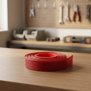 Tuyau d'arrosage plat en PVC rouge sur enrouleur avec technique de pulvérisation, nervuré et plat pour l'irrigation des pelouses et des plantes - Product Image 3