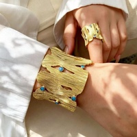 Bracelet manchette large plaqué or pour femme, style bohème tendance, incrustation de pierres précieuses, creux, avec anneaux assortis, cadeau pour femme, bijoux