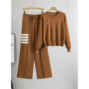 Ensemble tricoté 2 pièces tendance pour <span class=keywords><strong>femme</strong></span>, style européen <span class=keywords><strong>automne</strong></span> 2026, pull décontracté sportif et pantalon ample à jambes larges, <span class=keywords><strong>tenue</strong></span> chic - Product Image 3