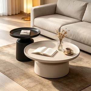 Nouvelle table basse ronde en crème avec base cylindrique intégrée, table d'appoint assortie avec plateau noir, table à thé minimaliste pour salon - Product Image 5
