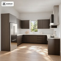 Armoires de cuisine en placage de bois pour appartement, design moderne, aménagement en U, boîtes d'armoires en panneaux de particules et dimensions personnalisées