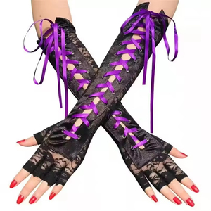 Mitaines sans doigts en résille pour femmes, style gothique Lolita, avec rubans, sexy, en dentelle, longues, pour cosplay, mi-doigts, jusqu'au coude - Product Image 2