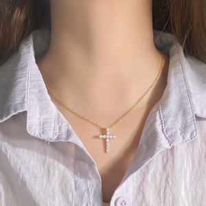Dainty Full Paved CZ <b>Cross</b> Necklace Brass 18K Gold Plated Religious Christian Cubic Zirconia Pendant Everyday Wear Jewelry Bulk - Product Image 2
