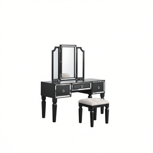 Ensemble de coiffeuse classique de luxe noir avec miroir triple, 3 tiroirs, bureau de maquillage et tabouret pour chambre à coucher - Product Image 1