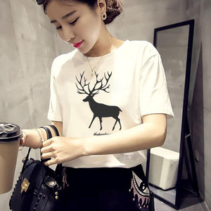 T-shirt Estiva 2026 Nuova Collezione Stile Coreano con Stampa <span class=keywords><strong>Cervo</strong></span>, Manica Corta, Vestibilità Ampia, Casual da Donna, Top Basico per Studentesse - Product Image 1