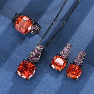 Wholesale Eco-friendly Copper Black Gold Plated 14-12MM Orange Red Zircon Pendant Earrings <b>Ring</b> Set Ladies Fashion Jewelry Set - Product Image 3