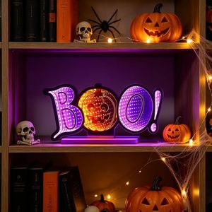 ไฟกลางคืนรูปฟักทอง Boo Pumpkin Infinity Mirror สำหรับตกแต่งฮาโลวีน วัสดุอะคริลิก ใช้พลังงานจากแบตเตอรี่ สีส้ม พิมพ์ลายตามสั่ง โปร่งใส - Product Image 3