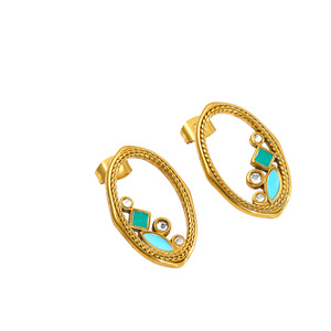 Stainless Steel Oval Stud Earrings Gold Plated Bohemian Style Blue Green Inlay Geometric Design Party Jewelry - Product Image 5