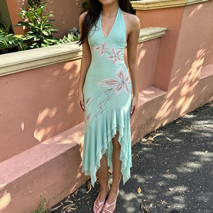 Nuevo Vestido de Verano Ecológico Estilo Vacaciones en la Playa para Mujer, Cuello en V, Cintura Natural, Romántico, Floral, Espalda Descubierta, Largo hasta la Rodilla - Product Image 5