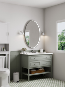 Espejo de Baño LED Ovalado con Control Táctil, Marco de Aluminio Plateado, Diseño Contemporáneo para Colgar en la Pared, Lentes de Vidrio Templado de 40-60 Pulgadas, IP44 - Product Image 5