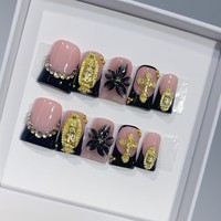 Kuku Palsu Custom Press-on Model Duck Bill Buatan Tangan Warna Nude Hitam French Tip 3D Bunga Salib 10 Pcs Full Cover Ujung Kuku Lengkung