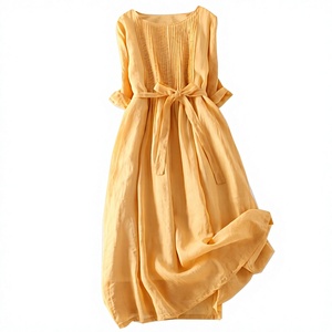 Vestido Midi Amarillo de Manga Corta con Cinturón, Estilo Casual Holgado, Cuello Redondo, Dobladillo Asimétrico, Cintura Natural, Lino y Algodón, Corte en A - Product Image 3