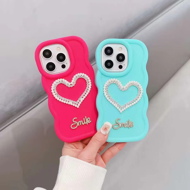 BAILI Factory Big Wave Edge Love Pearl Heart Design Mobile Cover for Iphone 7 X 13 Pro Smile Diamond Letter Couple Phone case