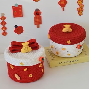 Festive Storage Baskets Round Cotton Rope Woven With Lids Desktop Organizer For Bedroom Office Jewelry Box - Product Image 2
