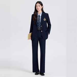 Women's Navy <b>Blue</b> Preppy Suit Set Long Sleeve Pleated Skirt School Uniform Fall 2025 Polyester Woven <b>Material</b> - Product Image 3
