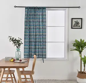 Mediterranean Style Blue Geometric Printed Cotton Linen Lifting Curtain Rope Finished Curtain