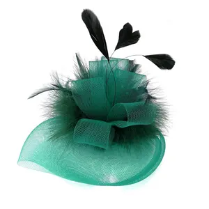 ร้อนสีเขียว VINTAGE Feather Hair Clip เข็มกลัด Headwear งานแต่งงานเจ้าสาวค็อกเทลปาร์ตี้เต้นรำหมวก DERBY หมวกสำหรับสุภาพสตรี