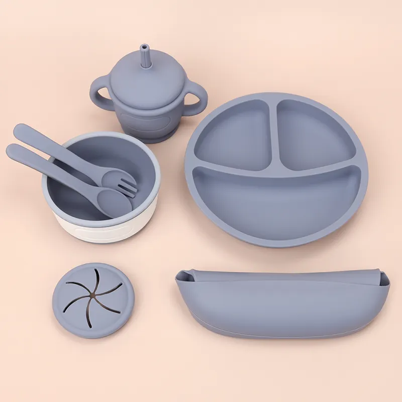 BPA frei Silikon Tollder Food Set Baby Teller Schüssel Löffel Gabel Lätzchen Baby Tasse mit Stroh Baby Silikon Fütterung sset