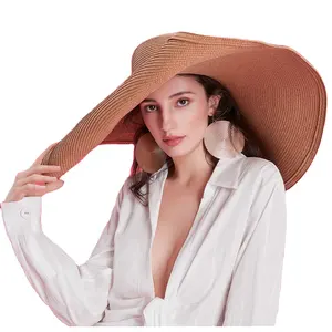 Cappello di paglia Oversize a tesa larga da donna di lusso estivo all'ingrosso 70 Cm/27.6 pollici grandi grandi cappelli di paglia Floppy da spiaggia di carta da sole