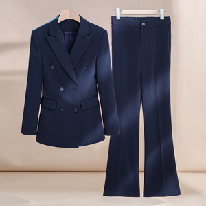 Women's Navy Blue Suit <b>Set</b> Double Breasted <b>Blazer</b> Flared Pants Office Lady Professional Autumn Anti-Wrinkle Polyester - Product Image 1