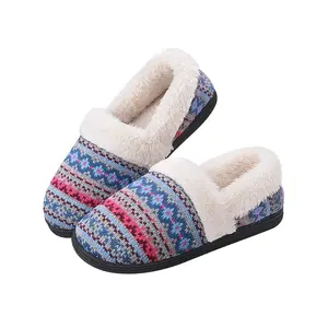 Wholesale Fashion Women's Slip-On Fuzzy Plush Lined With Indoor Anti-Skid Sole Knit Slippers Memory Foam Slippers