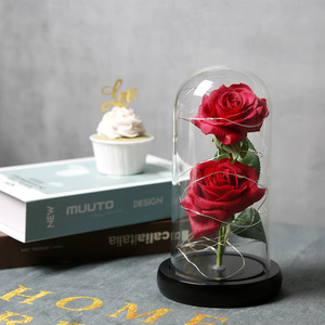 Doppio rosso di seta rosa in cupola di vetro con la Luce del LED fiore artificiale della decorazione della rosa per lei per san valentino anniversario di matrimonio compleanno - Product Image 1