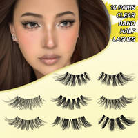 10 paires de faux cils faits à la main à bande transparente, demi-bande, naturels, courbure C, effet œil de chat, œil de renard, cils effilés faits à la main
