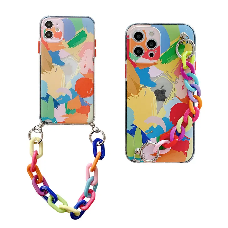 For iPhone 11 Cover with Wrist Chain Strap Watercolor Case for iPhone 12 13 Graffiti Oil Painting Phone Case with Rainbow Strap