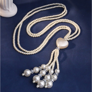 Модное ожерелье с искусственным жемчугом для женщин, ручной работы, из бусин, двухслойное, с кисточками, длинное ожерелье-подвеска - Product Image 6