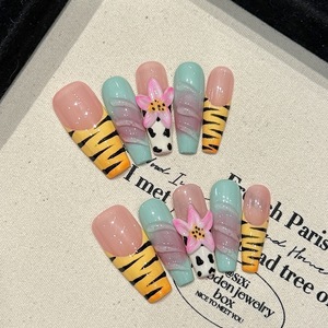 Autocollants pour ongles faits à la main à motif zèbre, 10 pièces, ambiance estivale, nail art 3D, faux ongles en acrylique réutilisables, vente en gros, beauté des ongles - Product Image 3