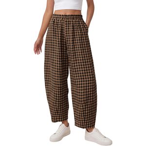 Pantalon Plaid à Taille Haute pour Femme, Coupe Ample et Respirante, Motif Gingham, Idéal Printemps-Été, Style Décontracté et Plage - Product Image 1
