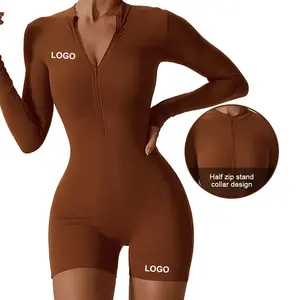 Open Collar Zipper Long Sleeve Boilersuit Dance Fitness Bodysuit Sexy Tight Yoga Dress for Women