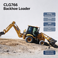 CLG766 Backhoe Loader 70kW Diesel 4WD Excavator Hidrolik Beroda dengan Bucket 1m3, Mesin Pemindah Tanah untuk Pekerjaan Konstruksi