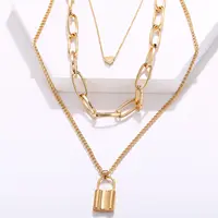 18K Gold Filled Chain Choker Jewelry Gold Plated Multilayer Lock Shaped Pendant Necklaces for Women