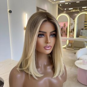 วิกผมผู้หญิงแบบไหมแท้ สีบลอนด์ออมเบร ปลายผมหนาเต็ม  คุณภาพแฟชั่น  แบบผูกปมเดี่ยว  ผมแท้ชาวยิว  วิกผมหน้าผากลูกไม้ HD - Product Image 1