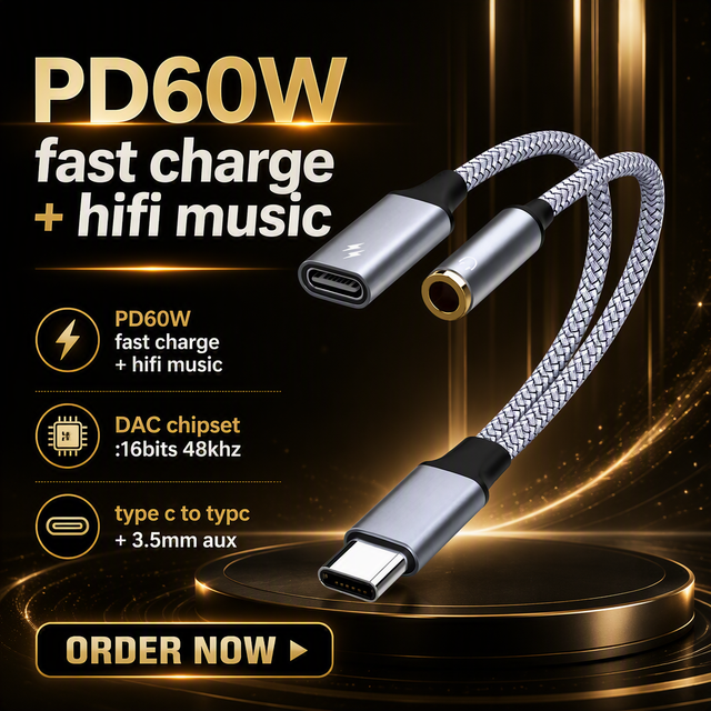 Digital DAC Chip Type-C to Dual 3.5mm Audio Splitter 60W PD Fast Charging USB-C to Headphone Jack Adapter for iPhone 15 Samsung