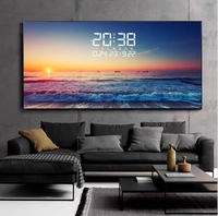Lukisan Dinding Bingkai Porselen Kristal LED Pemandangan Laut Modern dengan Jam Digital, Dekorasi Hadiah Restoran