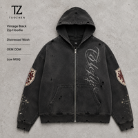Felpa con Cappuccio da Uomo Y2K con Cerniera, Personalizzata con Strass, Effetto Invecchiato, Lavaggio Acido, in Cotone Pesante Felpato, Stampa Oversize Vintage