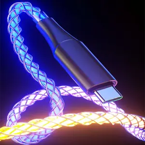 RGB Kabel Data LED Pengisi Daya Ponsel 7 Warna Bersinar Bertahap 1M 3,3 Kaki 66W Kabel USB Tipe C Pengisian Super Cepat
