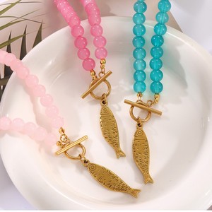 Colorful Glass <b>Beaded</b> Stainless Steel OT Clasp Gold Fish Charm Statement Necklace Women Jewelry - Product Image 3