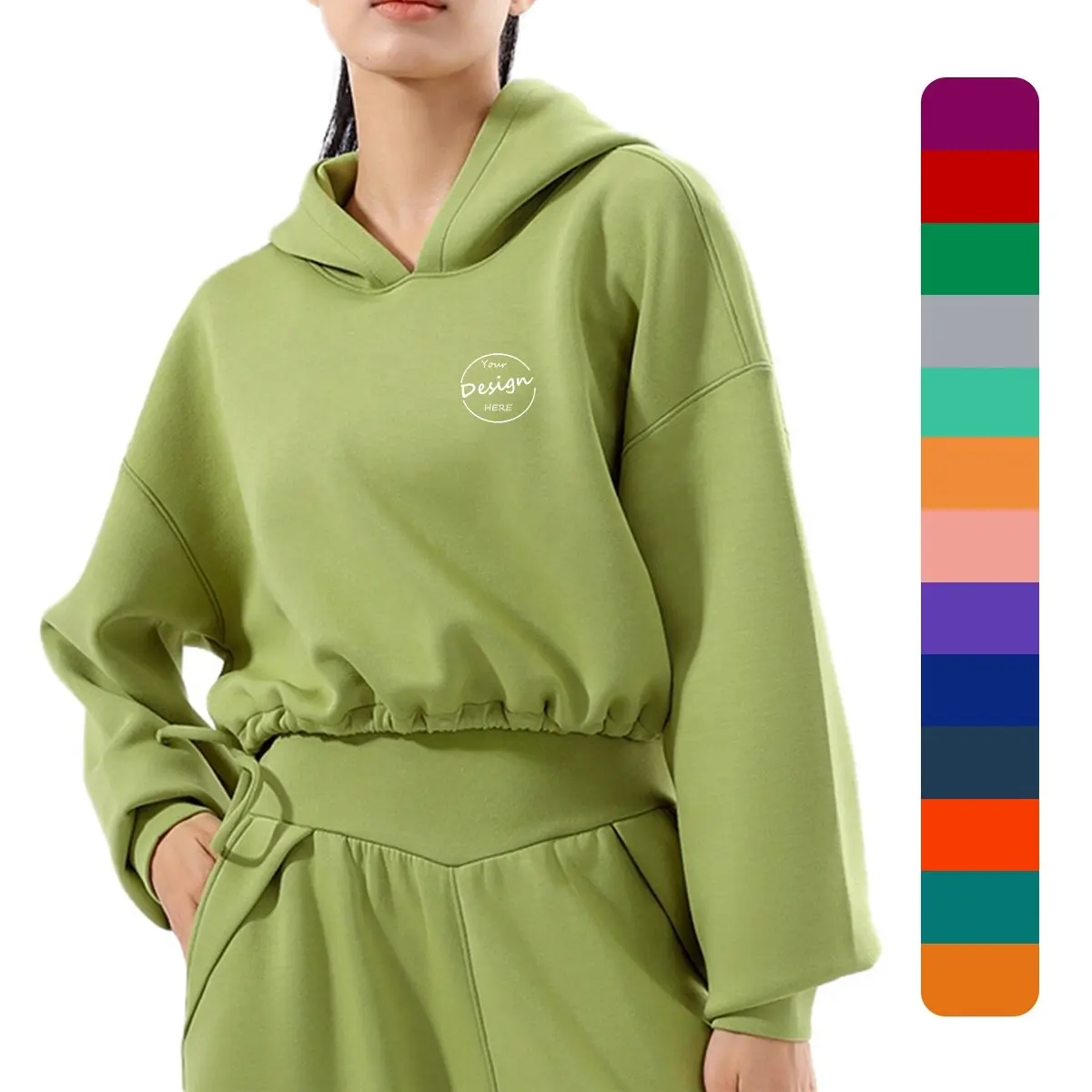 Feminino Atacado Colheita Top Alta Qualidade Personalizado Fleece Emboss Imprimir Logotipo Moda Streetwear Casual Pullover Cropped Hoodie Mulher